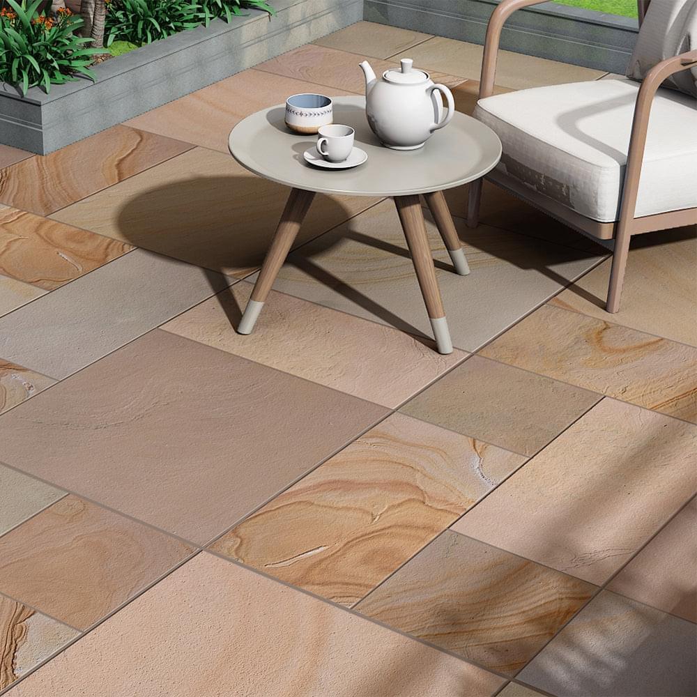 Buff Camel - Dust Sawn & Honed Indian Sandstone Paving Slabs - Mixed Size