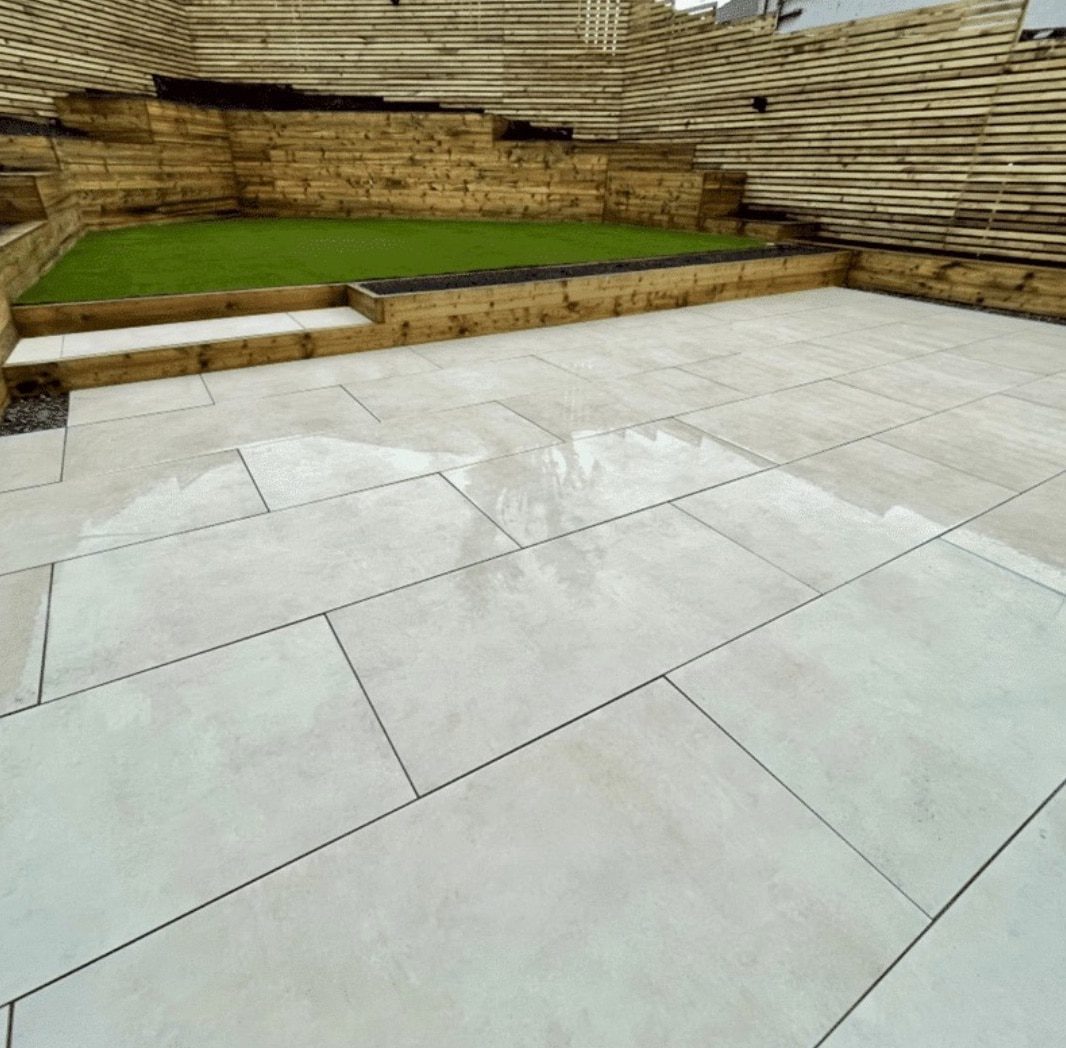 Grey porcelain paving on patio