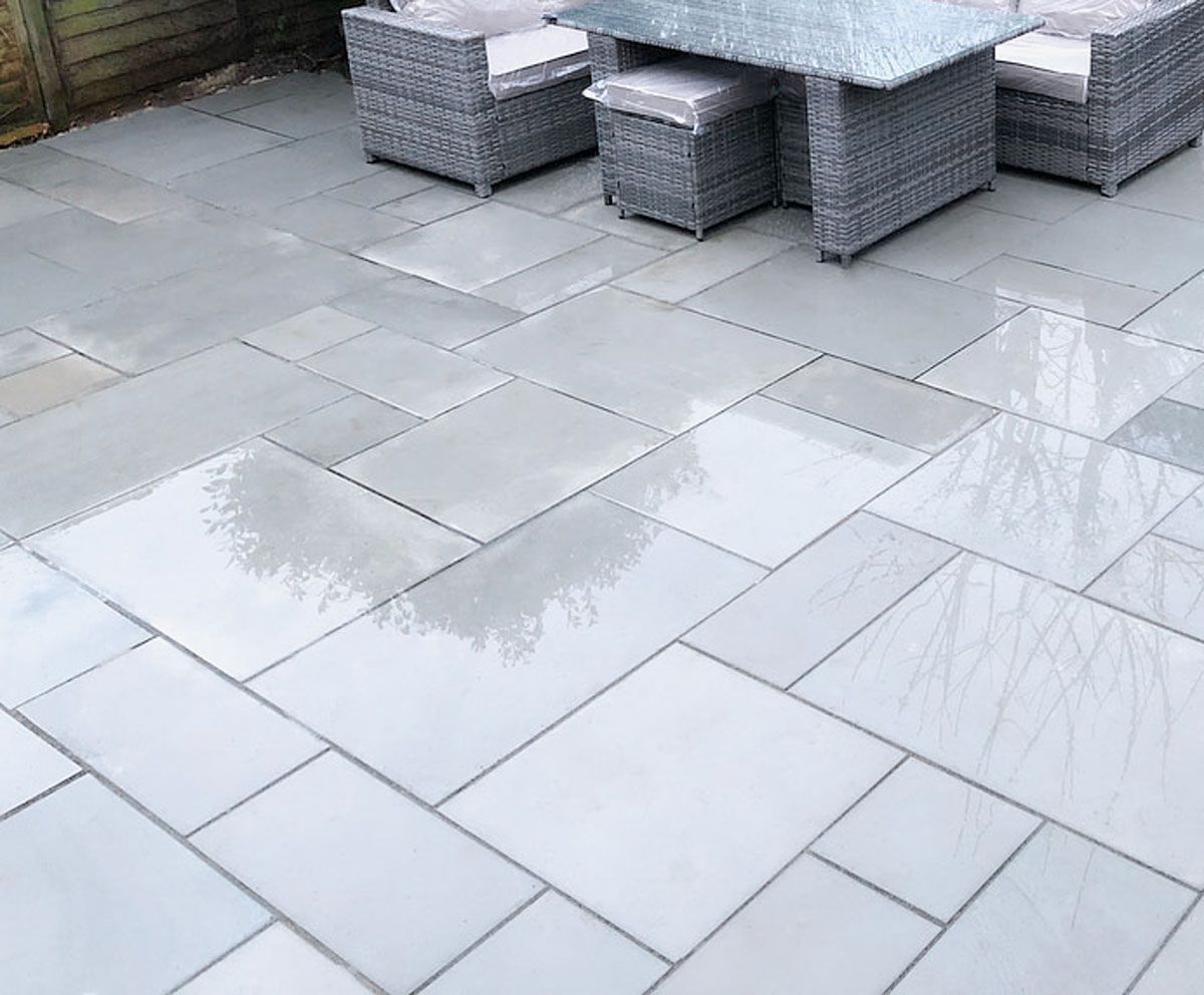 Kandla Grey Sawn And Honed Mixed Size Paving Slabs on patio