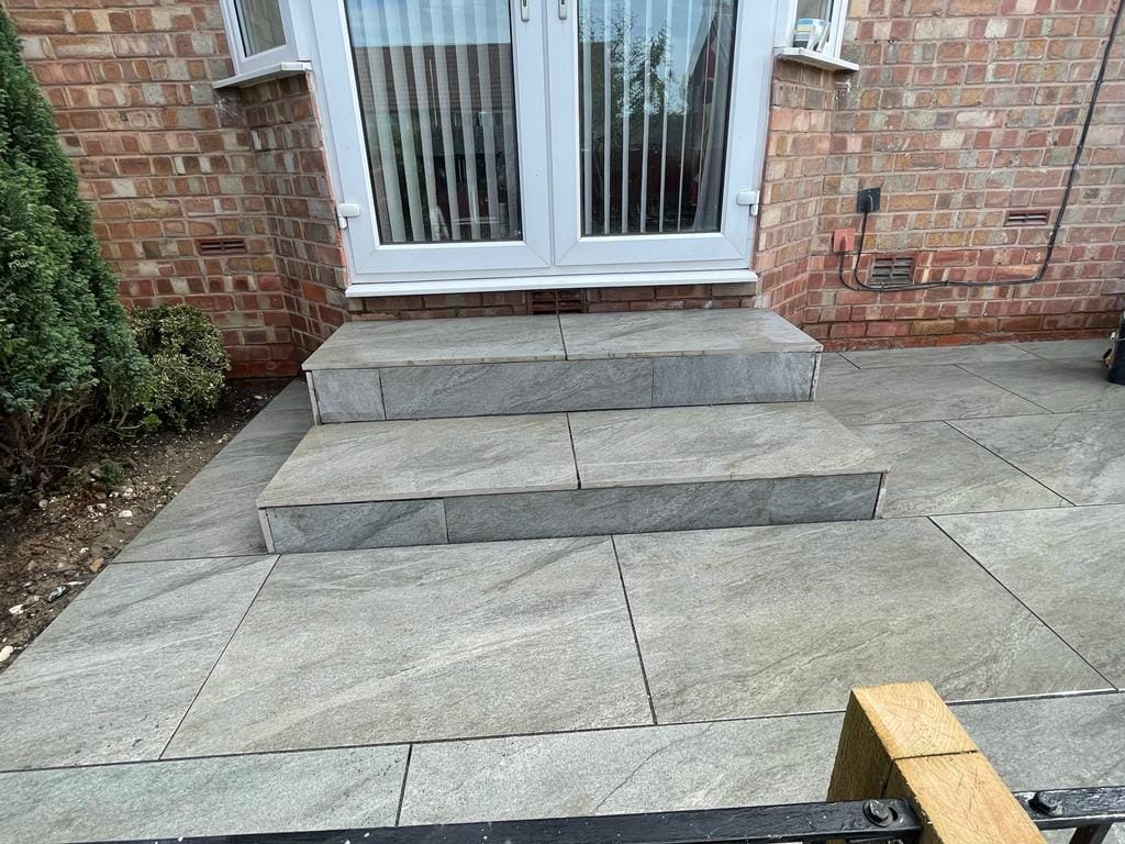 County Gris porcelain paving slabs on steps