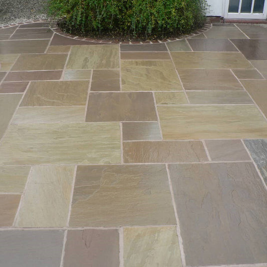 Raj Green sandstone paving slabs in Opus Romano laying pattern